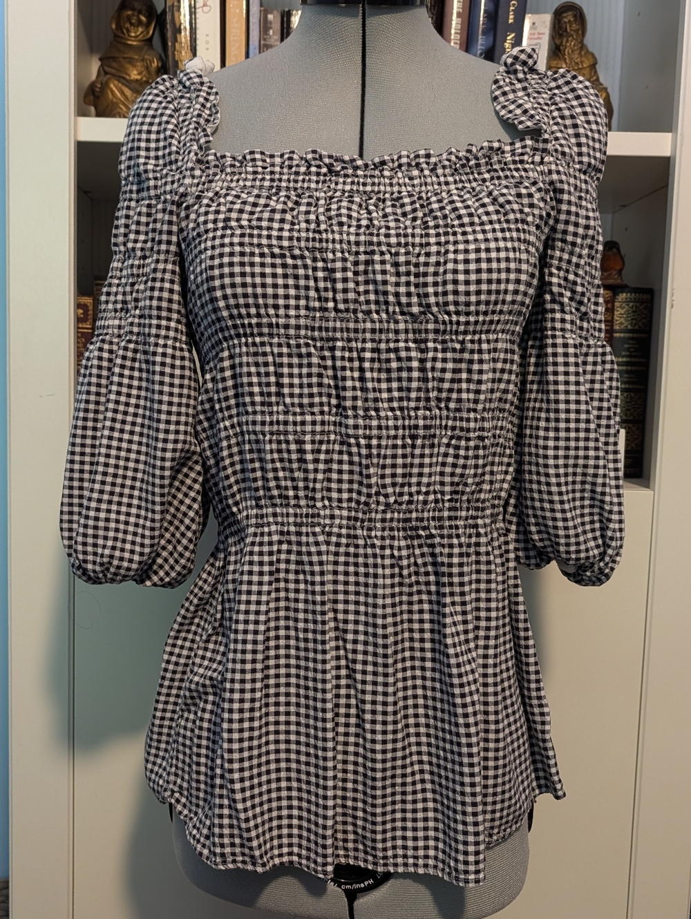 Ella Moon Black and White Gingham Smocked Peasant Top